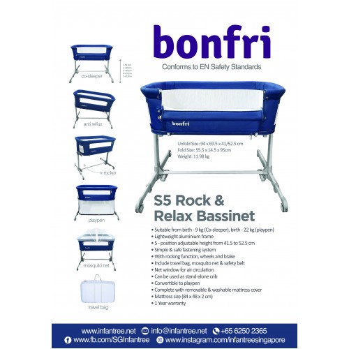 Bonfri S5 Rock & Relax Bassinet + Playpen  (With Travel Bag & Mosquito Net) | Birth - 9kg (crib) | Birth - 22kg (playpen) | FREE Fitted Sheet